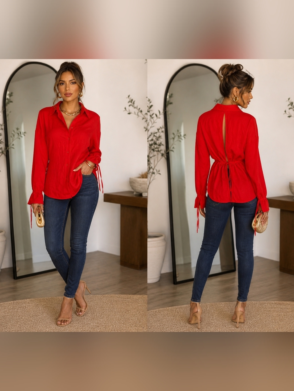 Lush Orange/Red Long-Sleeve Button Down Shirt with Back Tie Detail
